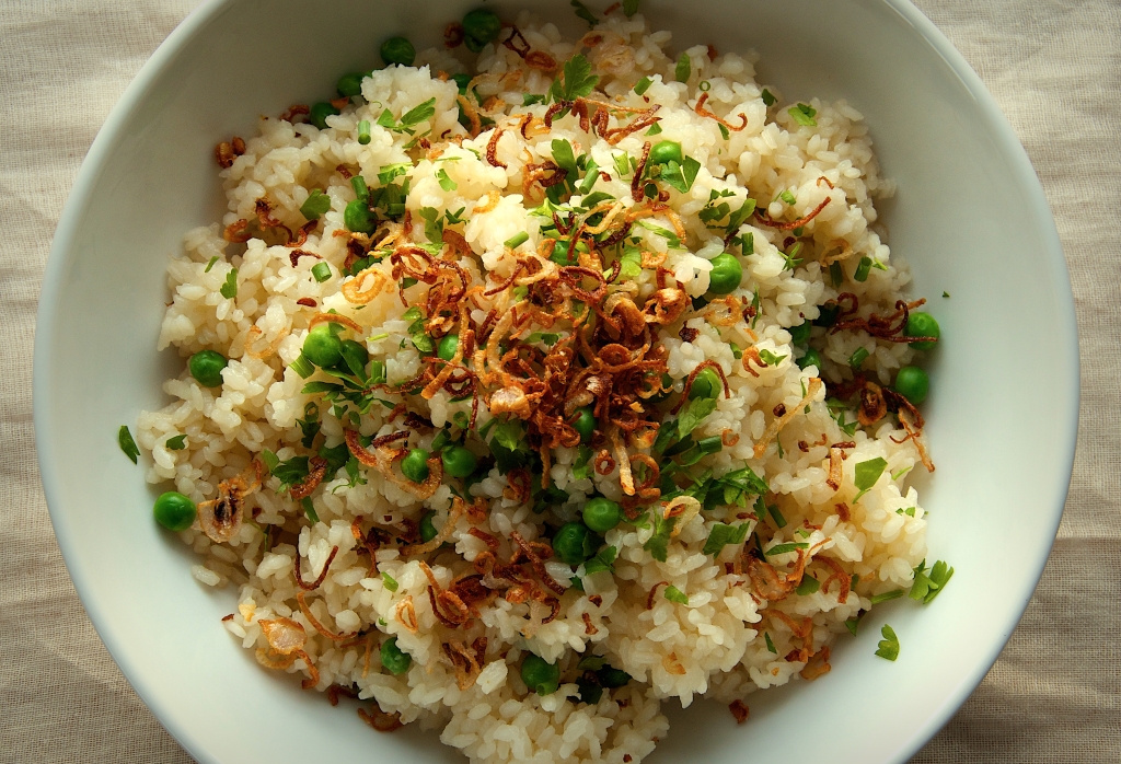 Rice and Peas with Crispy Shallots