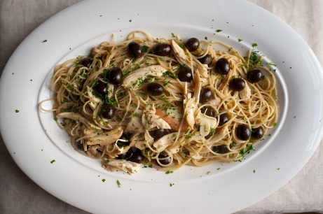 Spaghetti with Chicken, Black Olives, Lemon and Au Jus