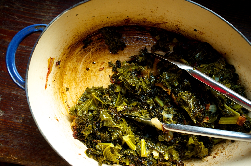 The caramelized smear on the bottom of the pot is an indication you collards are cooked perfectly.